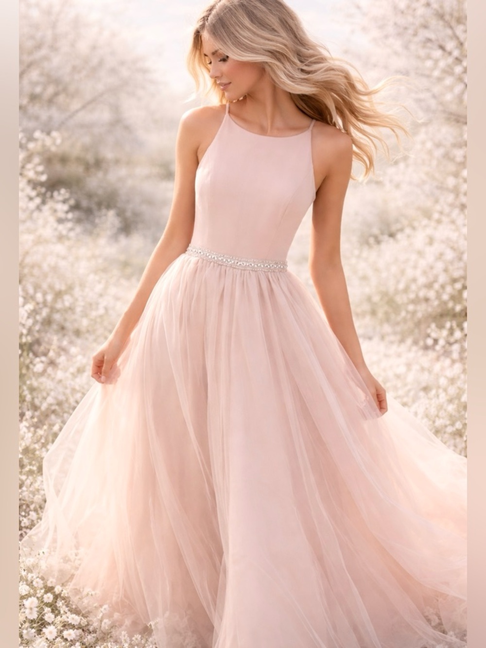 Aidan Mattox Halter Pale Pink Rhinestone Waistband Prom Bridesmaid Gown Size 6